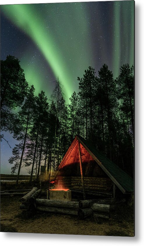 Aurora Borealis Metal Print featuring the photograph Northern lights above a fire place by Thomas Kast