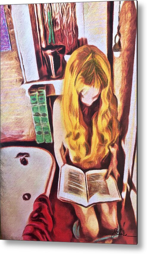 Young Nude Blonde Reading Metal Print featuring the painting Nude Girl Reading by Joan Reese