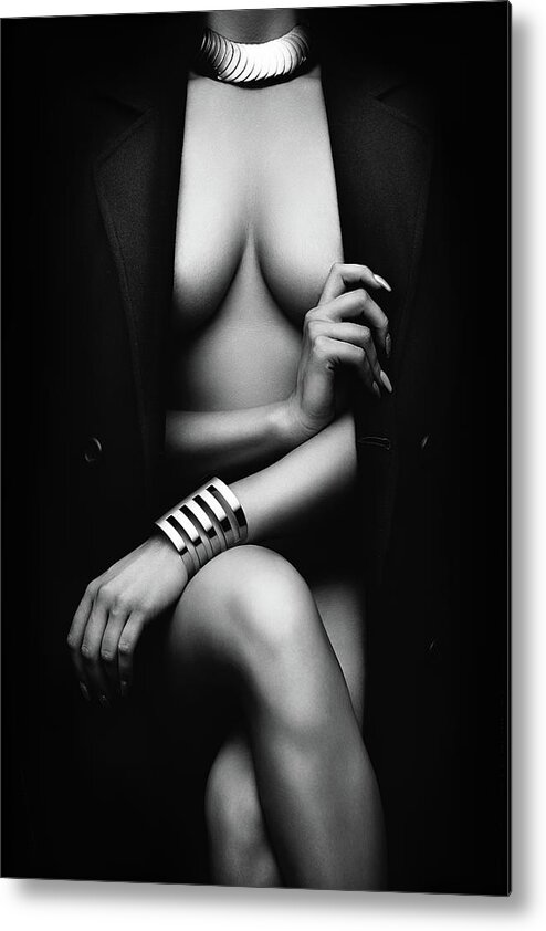 Woman Metal Print featuring the photograph Nude Woman with jacket 1 by Johan Swanepoel