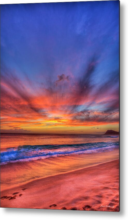 Reid Callaway Oahu Sunset Art Metal Print featuring the photograph Oahu Hawaii Red Crown Tracks Beach Sunset Landscape Seascape Art by Reid Callaway