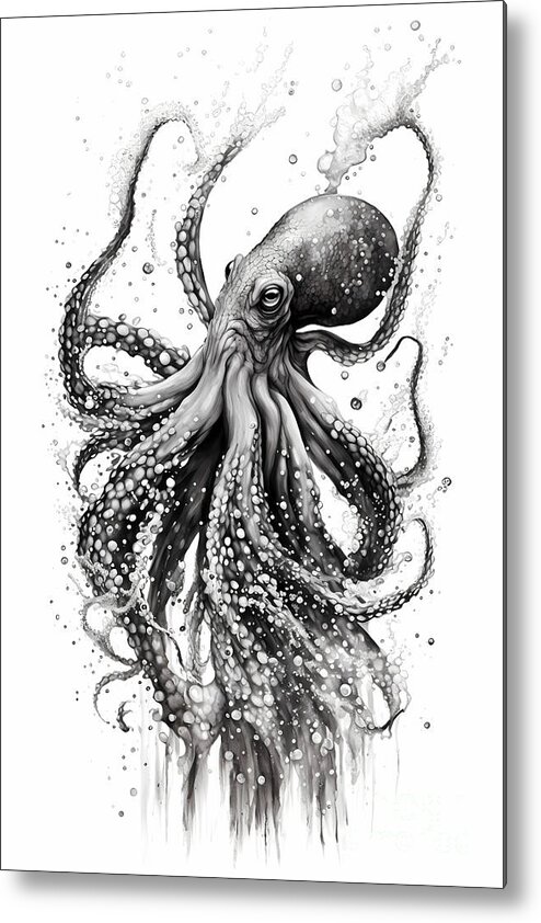Octopus Ink Drawing In Splash of Inked Black and White Animal Intricate  Details Metal Print