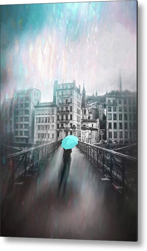 Lyon Metal Print featuring the photograph Passerelle Saint Vincent Lyon France Rainy Shades of Blue by Carol Japp