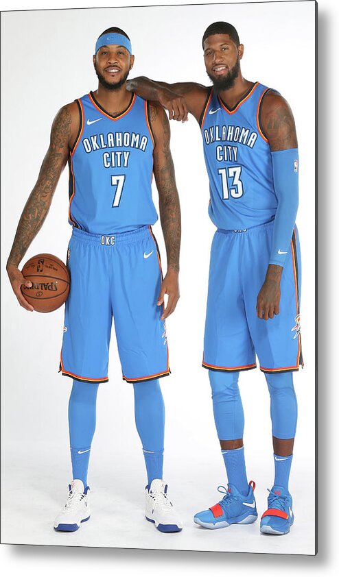 Media Day Metal Print featuring the photograph Paul George and Carmelo Anthony by Layne Murdoch
