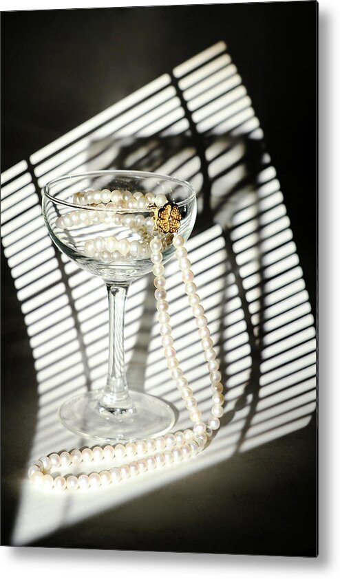 Russian Artists New Wave Metal Print featuring the photograph Pearls Necklace in Wineglass by Dmitry Soloviev