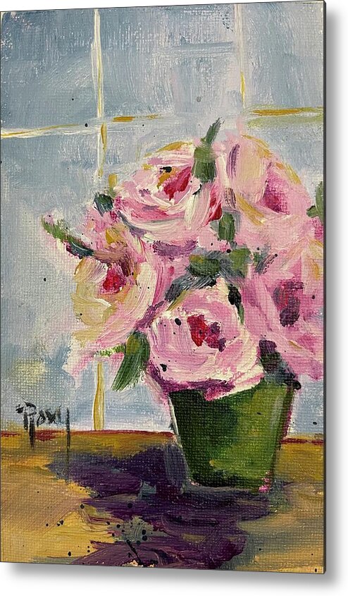 Pink Roses Metal Print featuring the painting Pink Roses by the Window by Roxy Rich