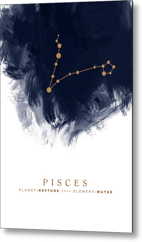 Pisces Metal Print featuring the mixed media Pisces Zodiac Sign - Minimal Print - Zodiac, Constellation, Astrology, Good Luck, Night Sky - Blue by Studio Grafiikka