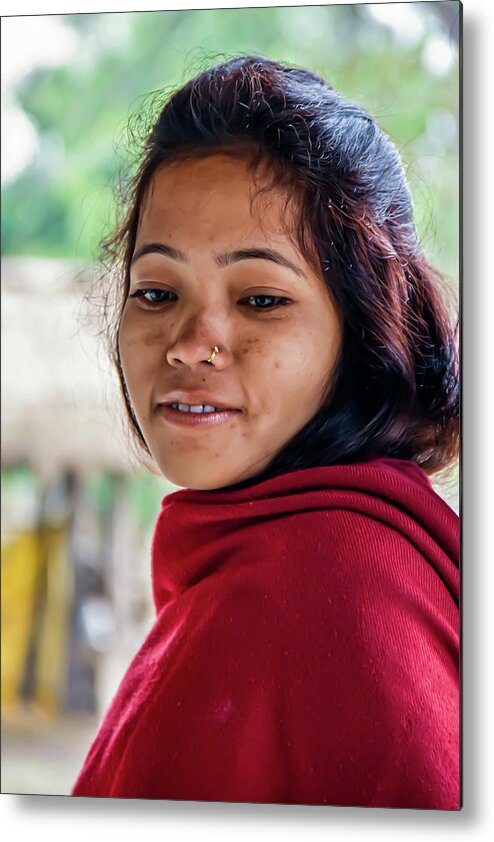 Nepal Metal Print featuring the photograph Portrait of a Woman in Red by Leslie Struxness