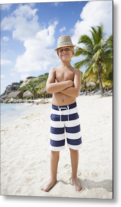 4-5 Years Metal Print featuring the photograph Portrait of boy (4-5) standing on beach by Felix Wirth