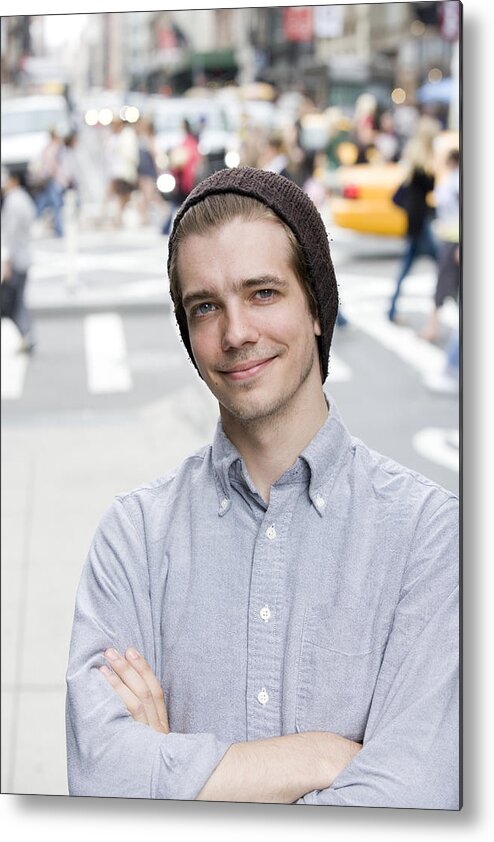 Young Men Metal Print featuring the photograph Portrait of young Caucasian man in downtown city by FangXiaNuo