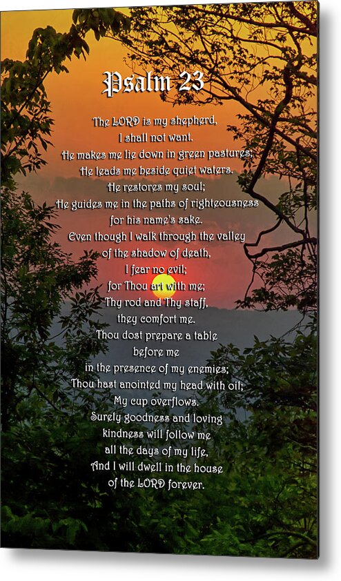 Psalm 23 Metal Print featuring the mixed media Psalm 23 Prayer Over Sunset Landscape by Christina Rollo