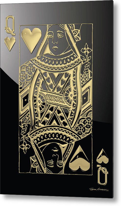 'gamble' Collection By Serge Averbukh Metal Print featuring the digital art Queen of Hearts in Gold on Black by Serge Averbukh
