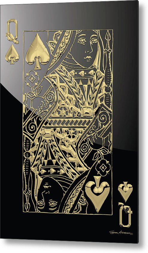 'gamble' Collection By Serge Averbukh Metal Print featuring the digital art Queen of Spades in Gold on Black  by Serge Averbukh