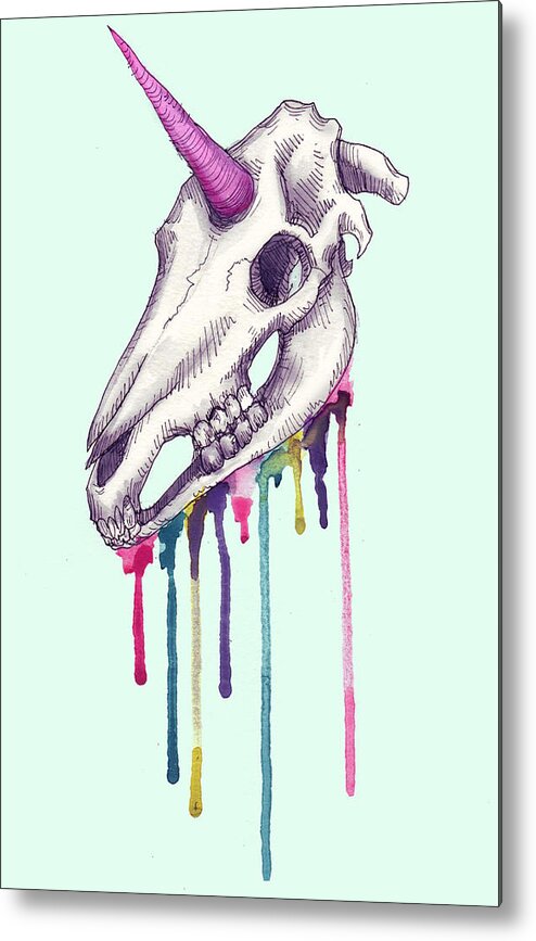 Skull Metal Print featuring the drawing Rainbow Unicorn Skull by Ludwig Van Bacon