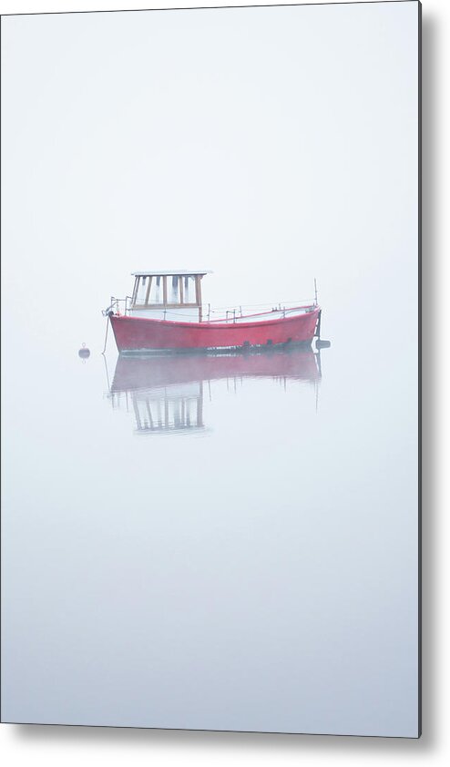 Red Boat Metal Print featuring the photograph Red Boat in the Mist, Coniston Water by Anita Nicholson