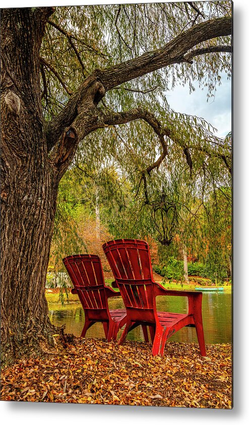 Carolina Metal Print featuring the photograph Red Chairs at the Pond by Debra and Dave Vanderlaan