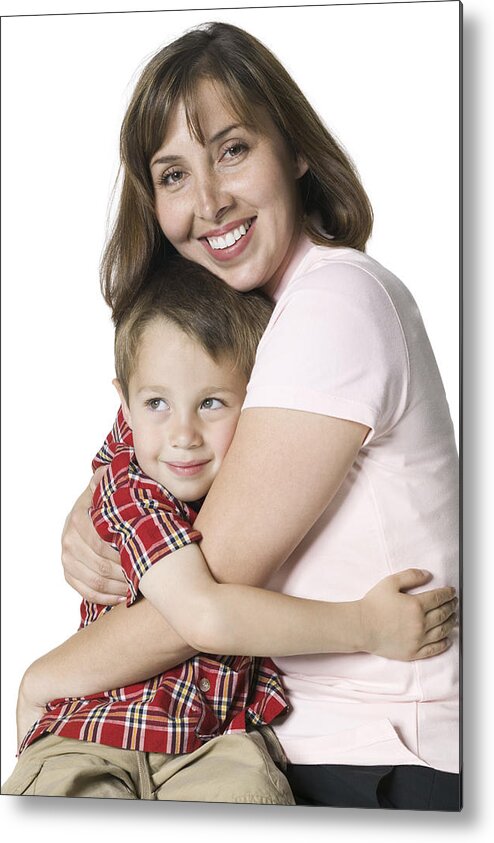 Mid Adult Women Metal Print featuring the photograph Relationship Portrait Of A Mother Smiling And Hugging Her Young Son by Photodisc