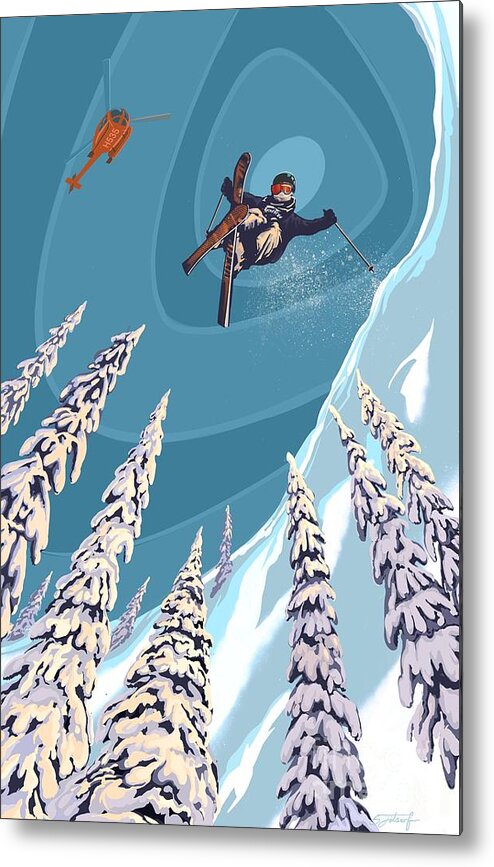 Retro Ski Art Metal Print featuring the painting Retro Ski Jumper Heli Ski by Sassan Filsoof