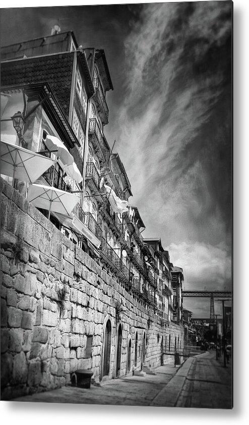 Porto Metal Print featuring the photograph Ribeira District of Porto Portugal Black and White by Carol Japp