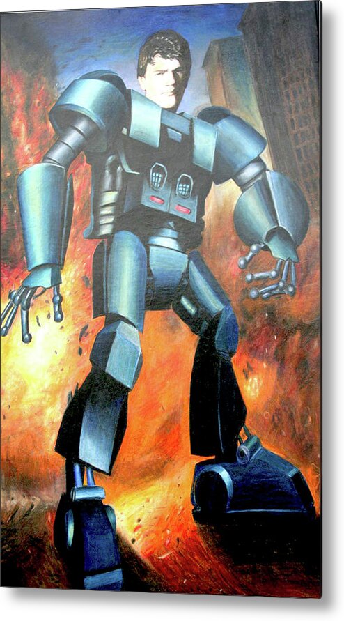Robot Fire Boy City Color Pencil Drawing Transformer Orange Blue Figure Metal Print featuring the drawing Robert Robot by Kasey Jones