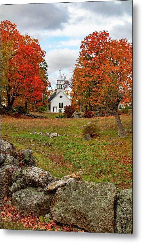Hillsboro Church In Fall Colors Metal Print featuring the photograph Rock wall before the Hillsboro Church by Jeff Folger