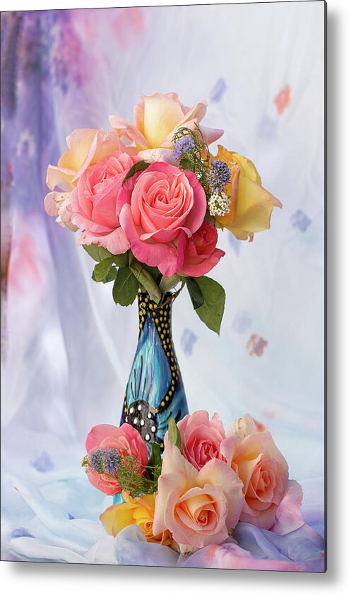 Roses Metal Print featuring the photograph Roses in a Blue Vase by Vanessa Thomas