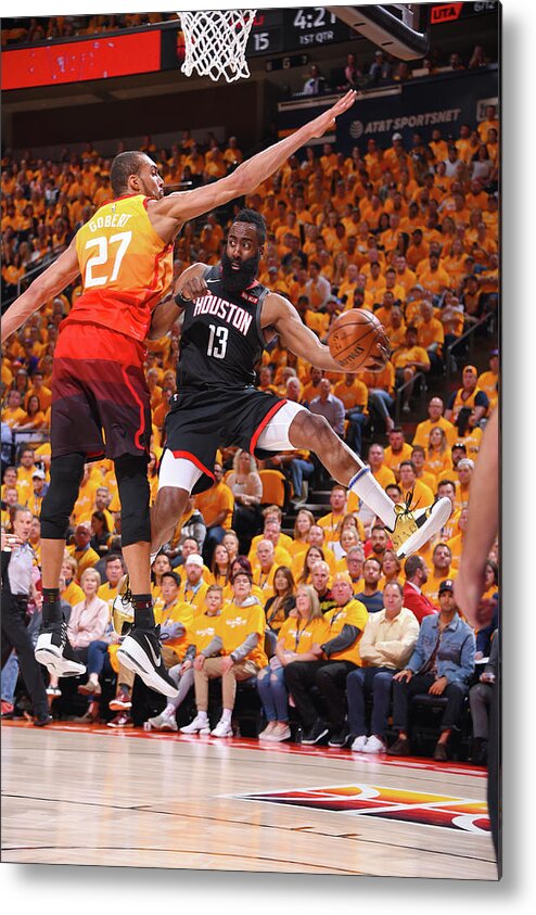 James Harden Metal Print featuring the photograph Rudy Gobert and James Harden by Bill Baptist