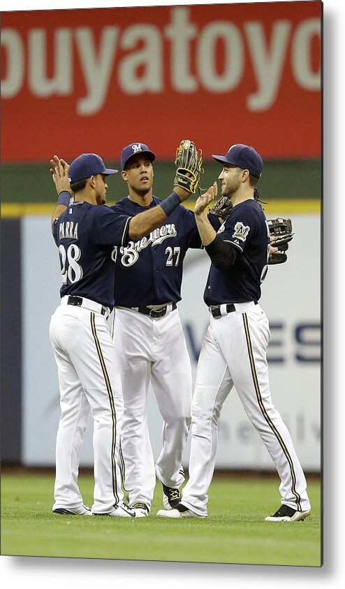 People Metal Print featuring the photograph Ryan Braun, Gerardo Parra, and Carlos Gomez by Mike Mcginnis
