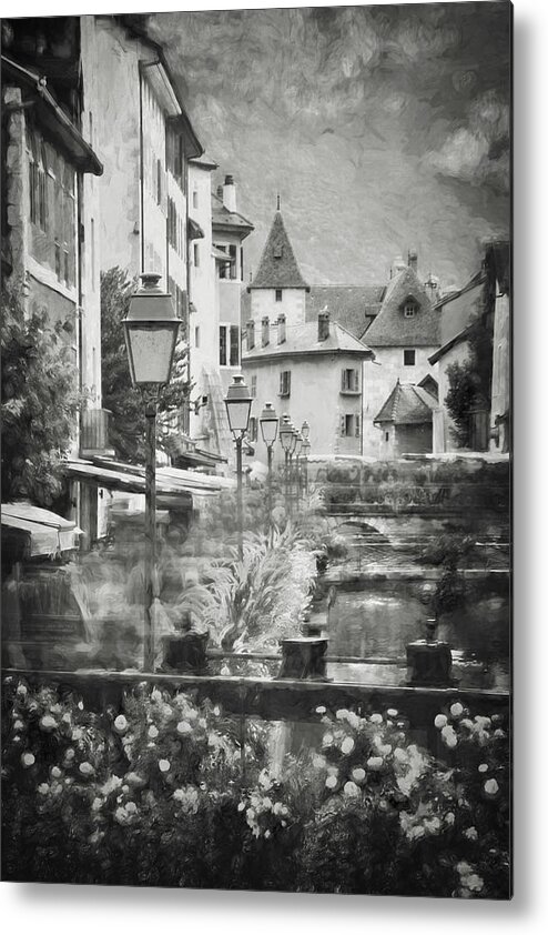 Annecy Metal Print featuring the photograph Scenes of Old Annecy France Painterly Black and White by Carol Japp