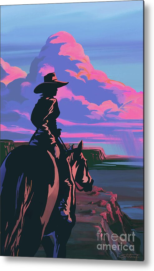 Horse Metal Print featuring the painting Scenic Sunset Canyon Cowgirl by Sassan Filsoof