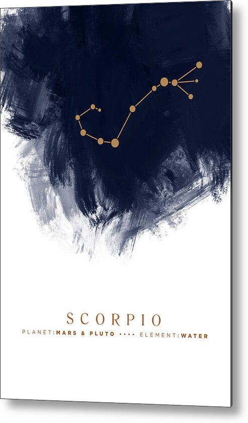 Scorpio Metal Print featuring the mixed media Scorpio Zodiac Sign - Minimal Print - Zodiac, Constellation, Astrology, Good Luck, Night Sky - Blue by Studio Grafiikka