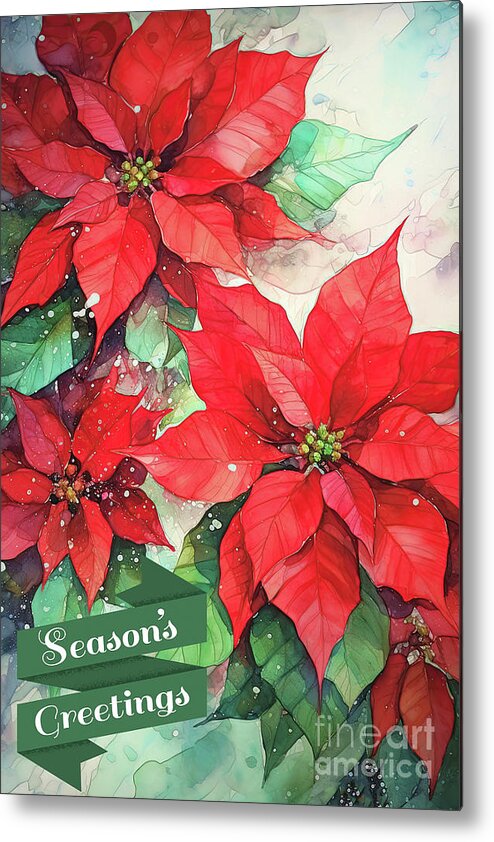 Christmas Metal Print featuring the painting Season's Greetings Poinsettia Flowers by Tina LeCour