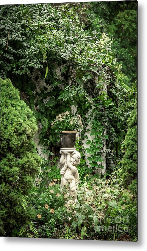 Romance Metal Print featuring the photograph Secret Garden With Cupid by Susan Vineyard