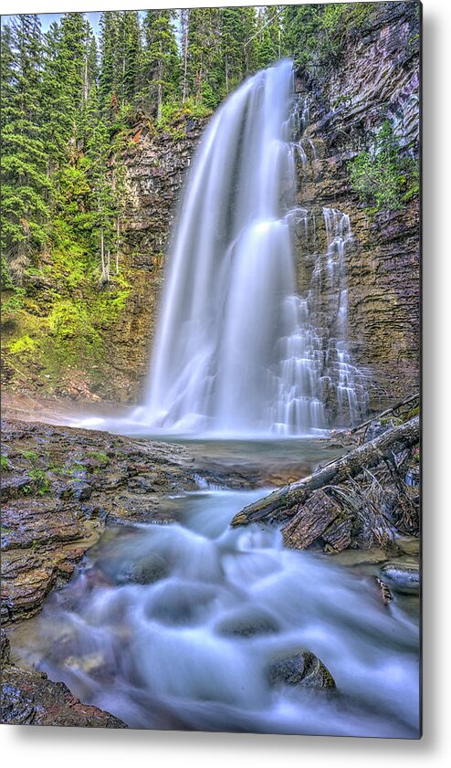 The Powerful And Towering Cascading Virginia Falls At Glacier Na Metal Print featuring the photograph Simplest things can turn out to be amazing by Carolyn Hall