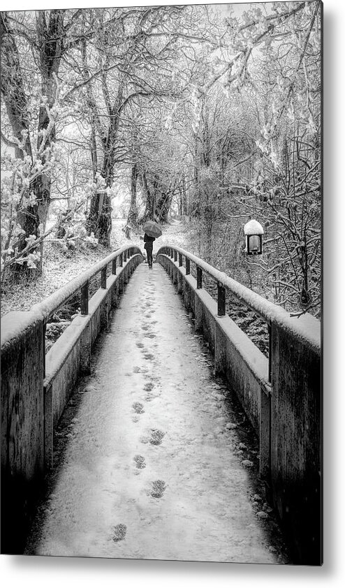 Bridge Metal Print featuring the photograph Snowy Walk in Black and White by Debra and Dave Vanderlaan