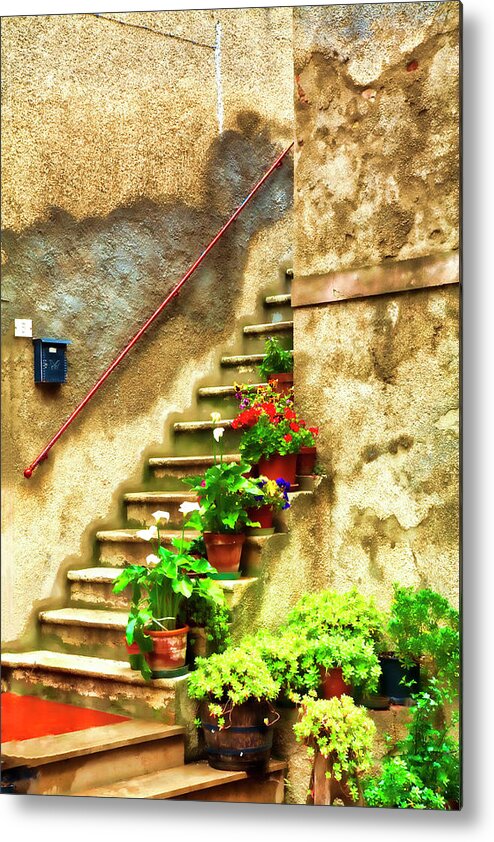 Stairs;flower Pots; Tuscany Red; Old Walls Metal Print featuring the photograph Stairs to Heaven by Eggers Photography
