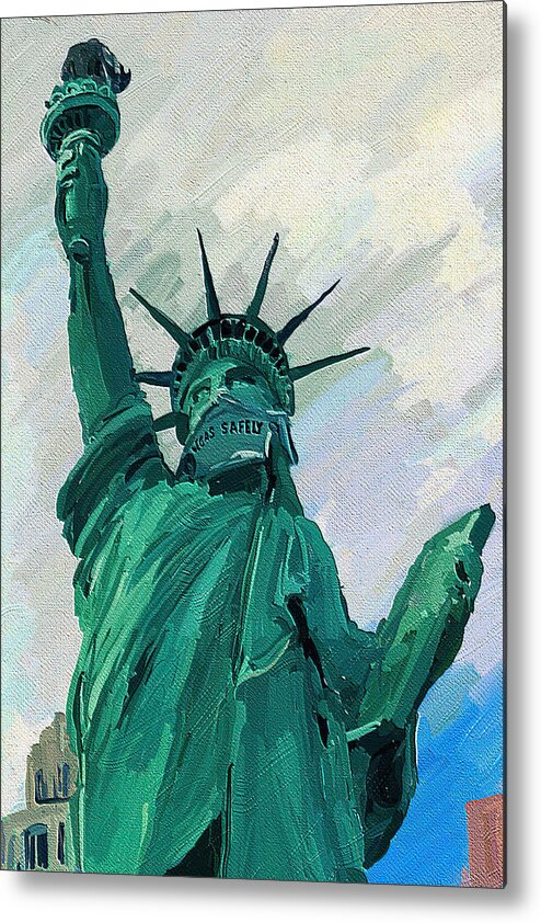 Statue Of Liberty Metal Print featuring the mixed media Statue of Liberty with mask Las Vegas by Tatiana Travelways