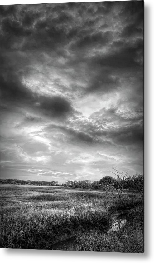 Clouds Metal Print featuring the photograph Sunrise Clouds over the Marsh Black and White by Debra and Dave Vanderlaan