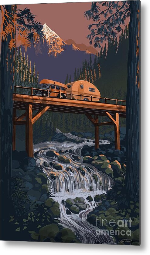 Retro Camping Metal Print featuring the painting Sunset Camper by Sassan Filsoof