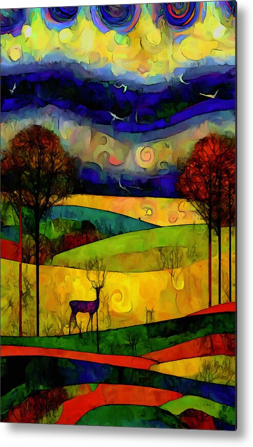 Sunset Metal Print featuring the mixed media Sunset Deer at Hexgreave by Ann Leech