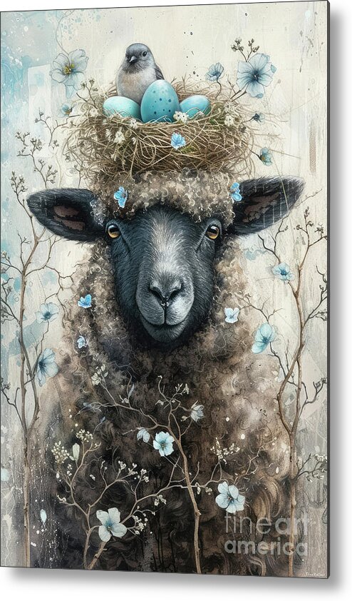 Sheep Metal Print featuring the painting The Black Sheep And The Bird by Tina LeCour
