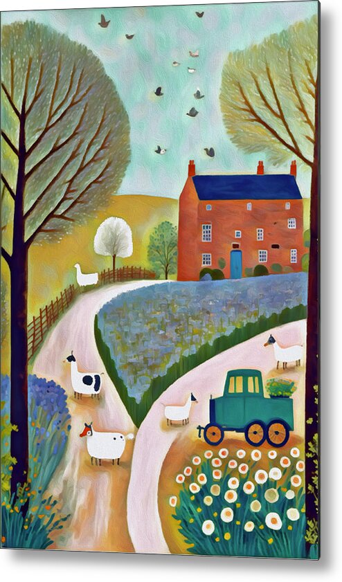 Farmyard Metal Print featuring the mixed media The Farmyard with Sheep and Tractor by Ann Leech