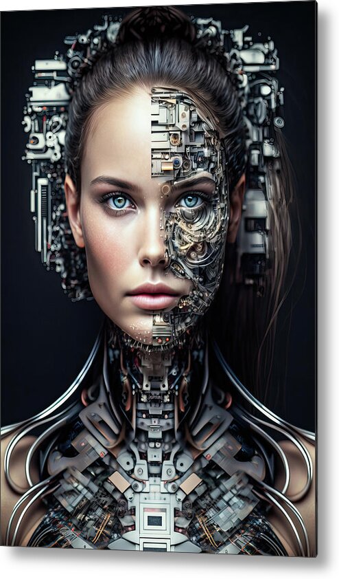 Cyborg Metal Print featuring the digital art The Future of AI 07 Woman Cyborg by Matthias Hauser