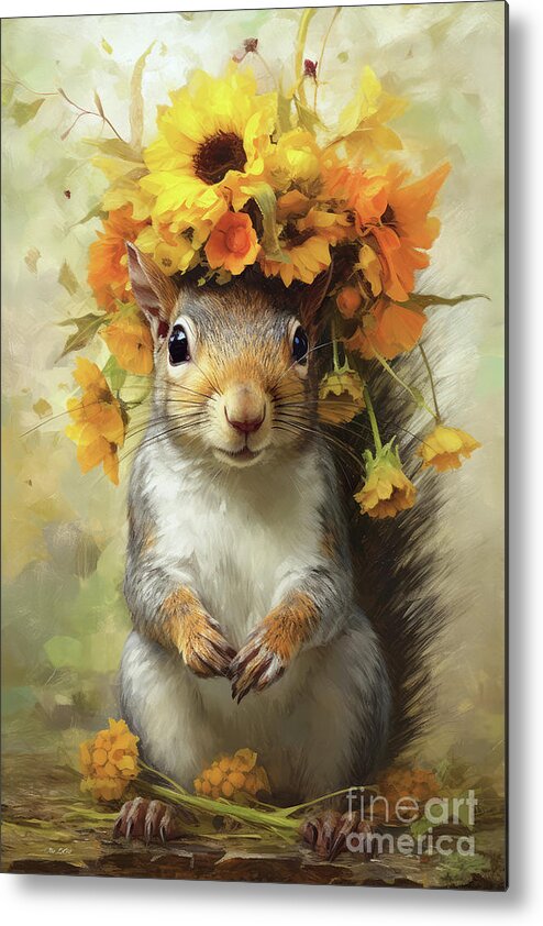 Squirrel Metal Print featuring the painting The Sunflower Squirrel by Tina LeCour