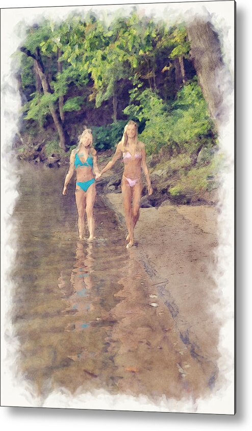 Two Metal Print featuring the photograph Two Beautiful young ladies walking along shoreline in swim suits paintography by Dan Friend