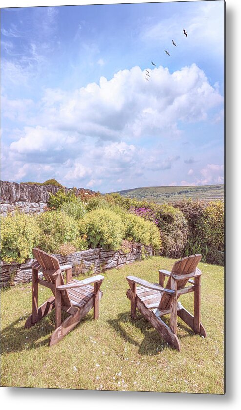 Clouds Metal Print featuring the photograph Two Chairs in the Garden in Country Colors by Debra and Dave Vanderlaan