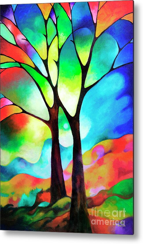 Abstract Metal Print featuring the painting Two Trees original Sally Trace painting by Sally Trace