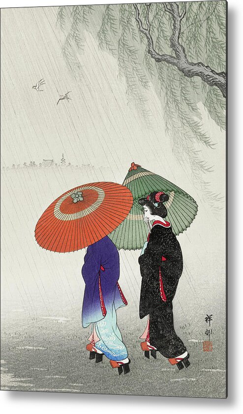Geisha Metal Print featuring the painting Two women in the rain by Ohara Koson