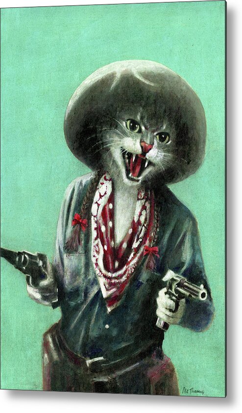 Cowgirl Metal Print featuring the painting Vintage Kitten Cowgirl by Michael Thomas