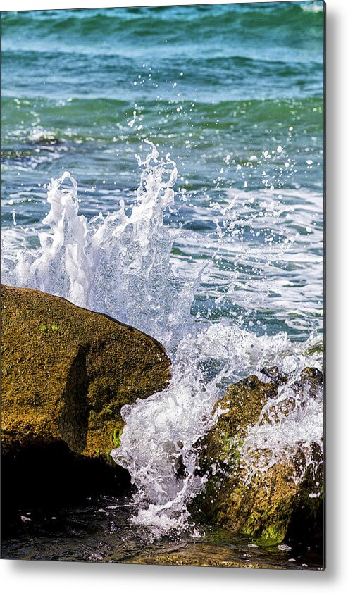 Wave Metal Print featuring the photograph Wave Break Against Rocks on Atlantic Beach by Bob Decker