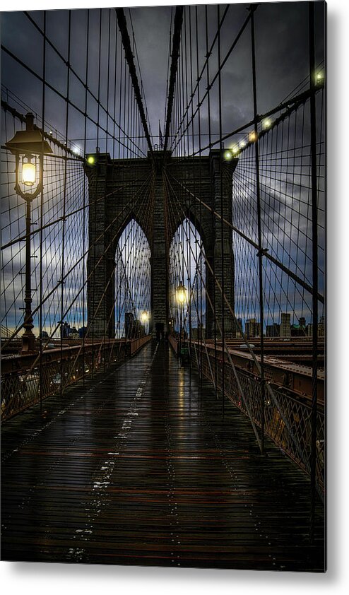 Streetlights Metal Print featuring the photograph Wet Day On The Brooklyn Bridge by Chris Lord